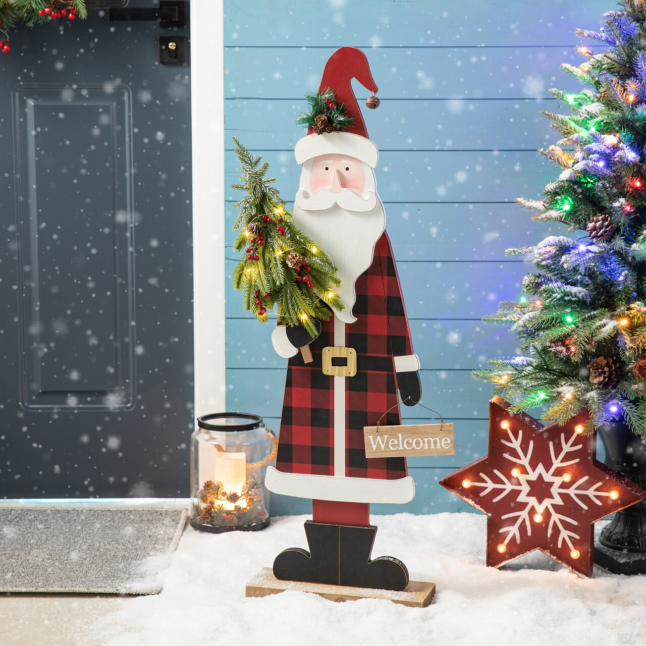 Set of 4 36"H Lighted Wooden Christmas Porch Décor with Timer